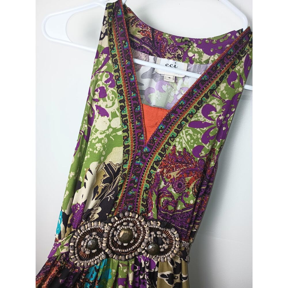 Vintage Y2K ECI‎ Maxi Dress Sleeveless Multi Print Baby Doll Earth Tones Size 6